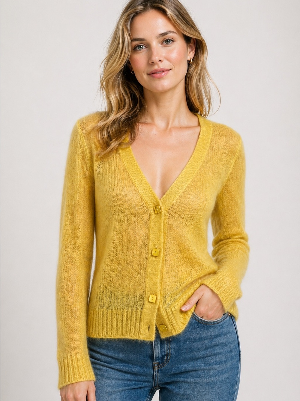 Anthropologie Charlie Robin Sweater Womens Small Yellow Mohair Wool Metallic Lux